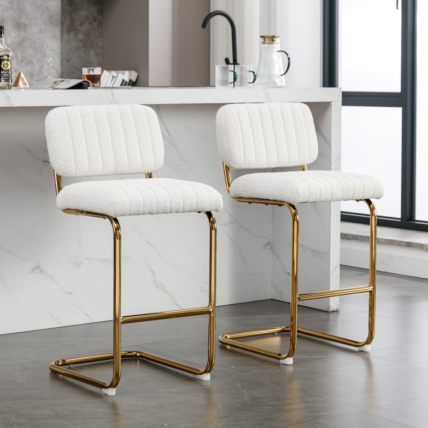 Golden Boucle Elegance: Set of 2 Mid-Century Modern Ivory Counter Height Bar Stools