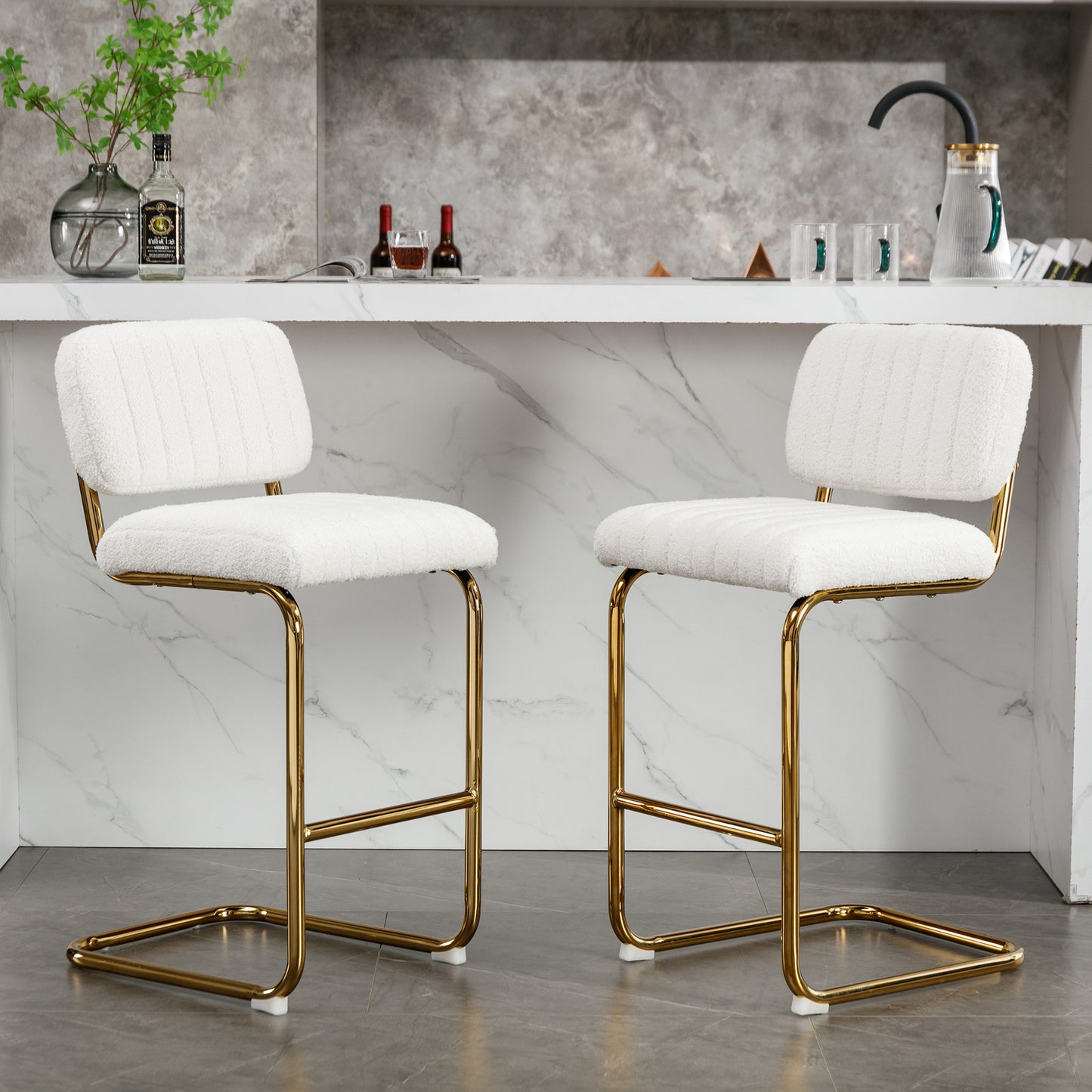 Golden Boucle Elegance: Set of 2 Mid-Century Modern Ivory Counter Height Bar Stools