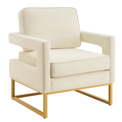 Modern Style Accent Chair with Gold Metal Base , Velvet Upholstered Leisure Chair with Open Armrest, Armchair, Cream