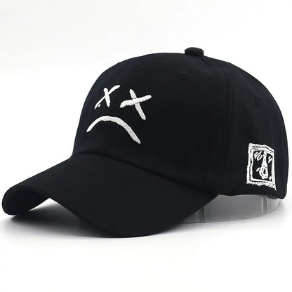 Sad Face Embroidered Baseball Cap: Adjustable Cotton Snapback Hat