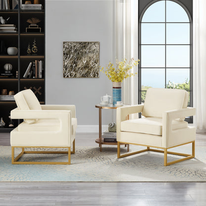 Modern Style Accent Chair with Gold Metal Base , Velvet Upholstered Leisure Chair with Open Armrest, Armchair, Cream