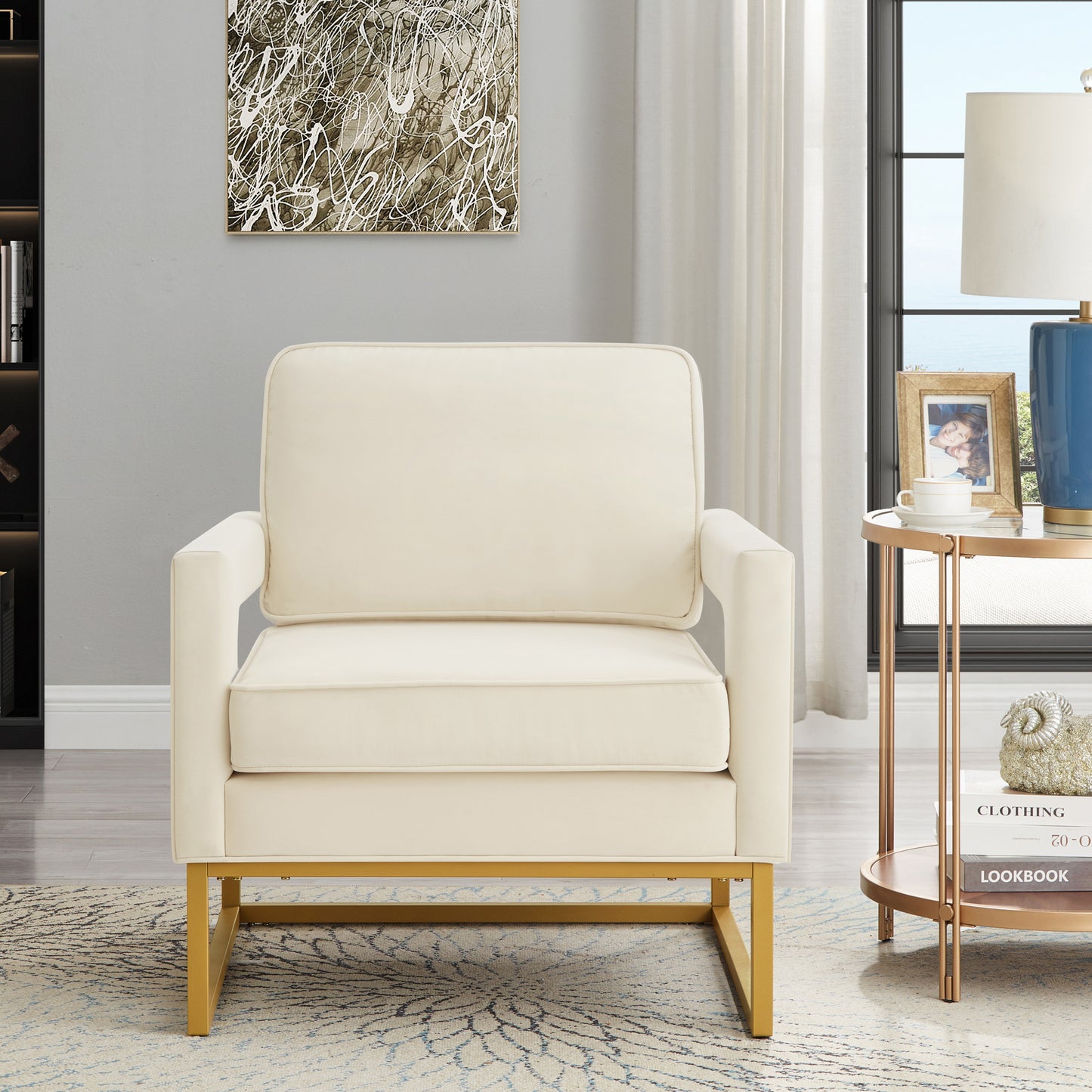 Modern Style Accent Chair with Gold Metal Base , Velvet Upholstered Leisure Chair with Open Armrest, Armchair, Cream