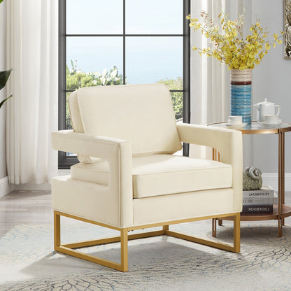 Modern Style Accent Chair with Gold Metal Base , Velvet Upholstered Leisure Chair with Open Armrest, Armchair, Cream