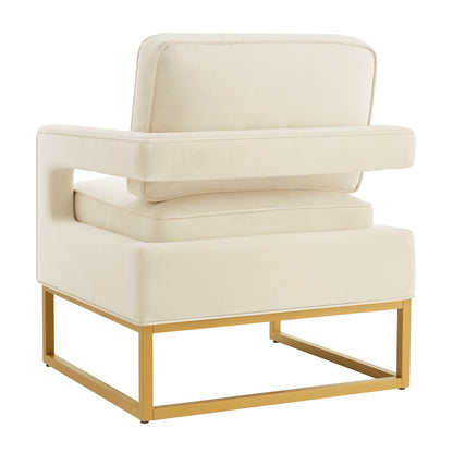 Modern Style Accent Chair with Gold Metal Base , Velvet Upholstered Leisure Chair with Open Armrest, Armchair, Cream