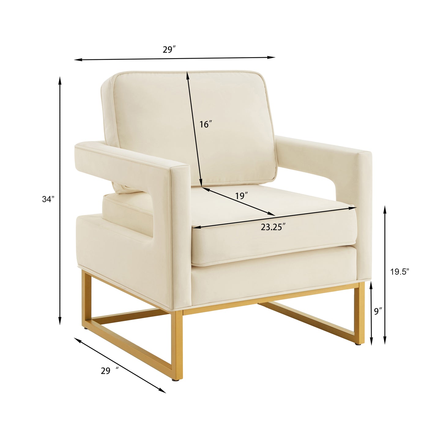 Modern Style Accent Chair with Gold Metal Base , Velvet Upholstered Leisure Chair with Open Armrest, Armchair, Cream