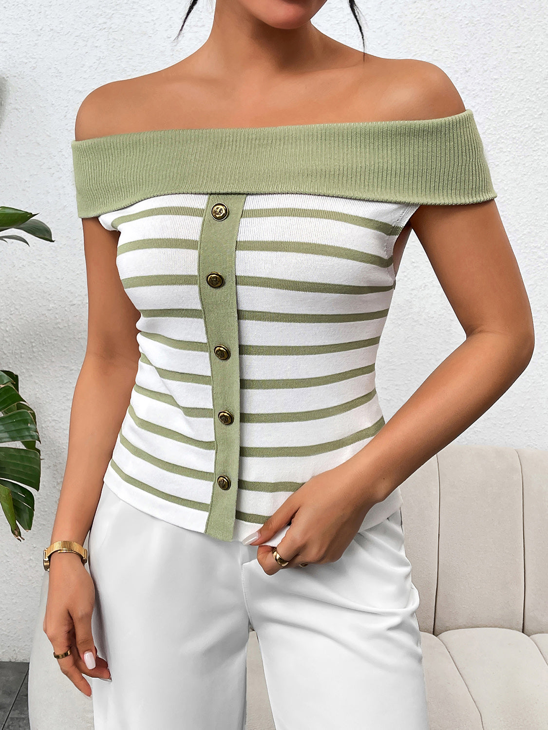 Decorative Button Striped Off-Shoulder Knit Top - Fit & Fab Essentials