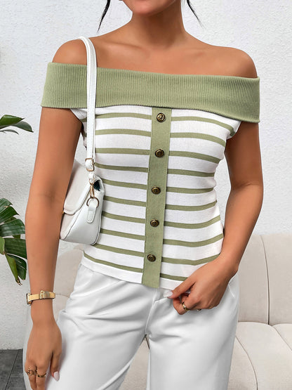 Decorative Button Striped Off-Shoulder Knit Top - Fit & Fab Essentials