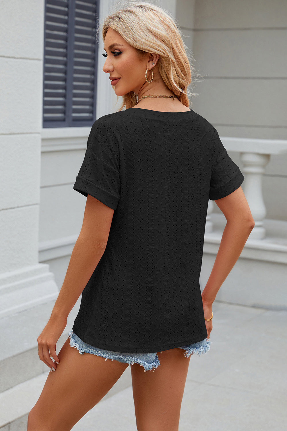 Eyelet V-Neck Short Sleeve T-Shirt - Fit & Fab Essentials