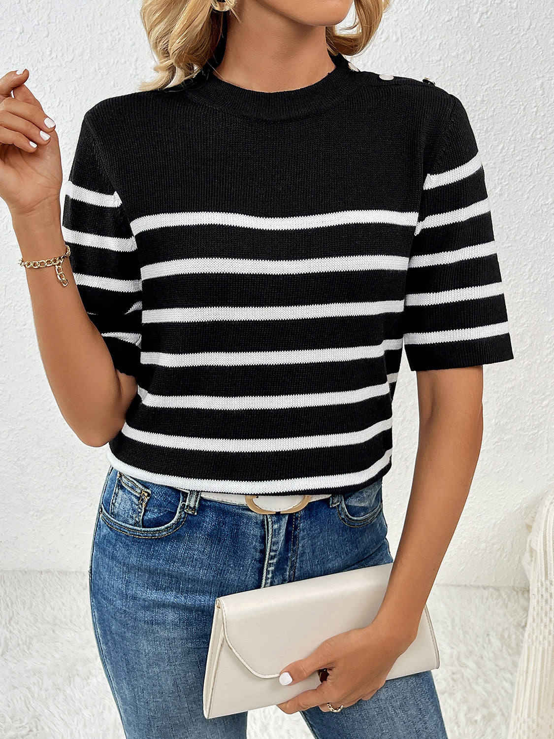 Striped Round Neck Half Sleeve Knit Top - Fit & Fab Essentials