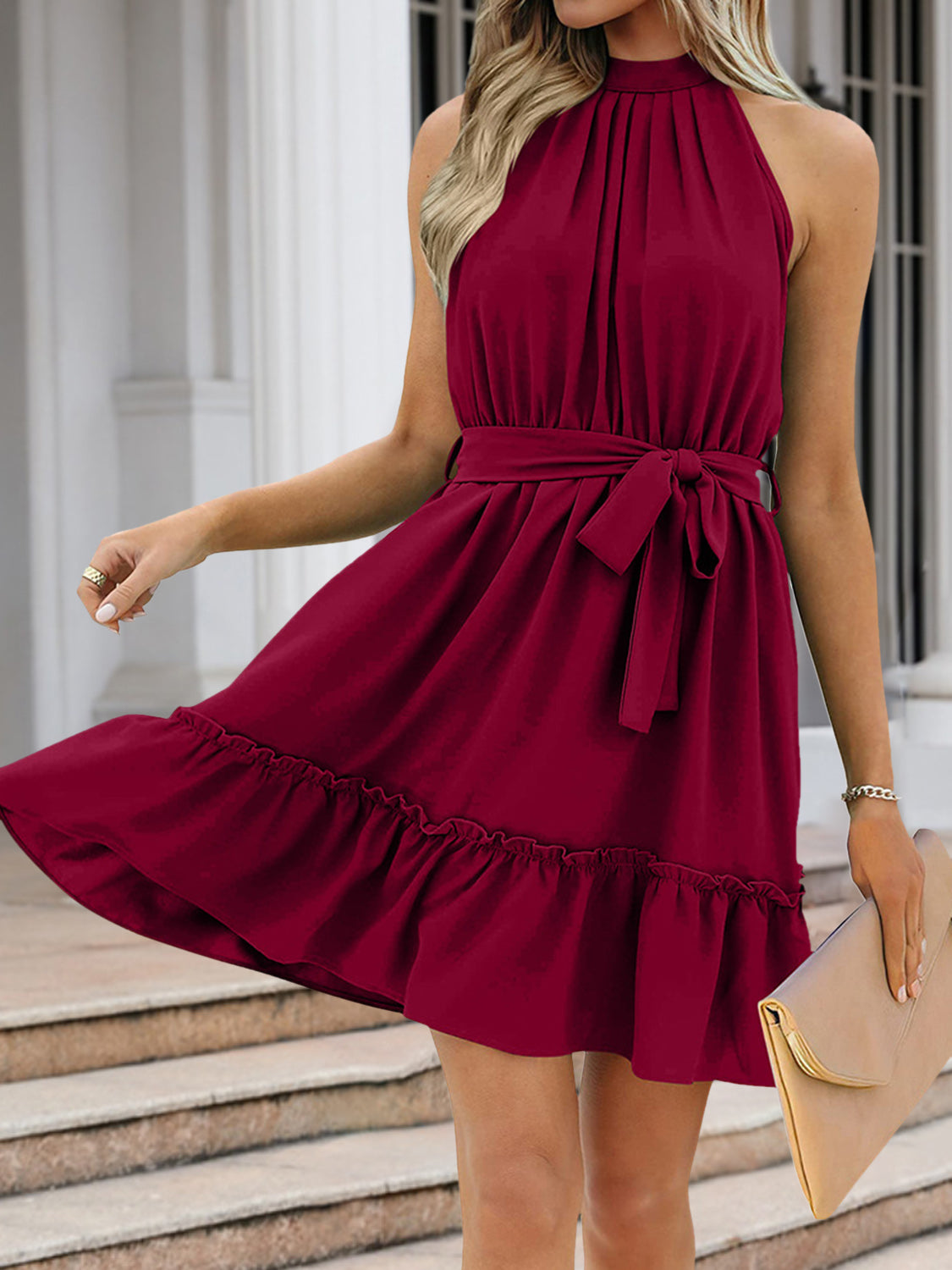 Ruched Grecian Neck Tie Waist Mini Dress - Fit & Fab Essentials