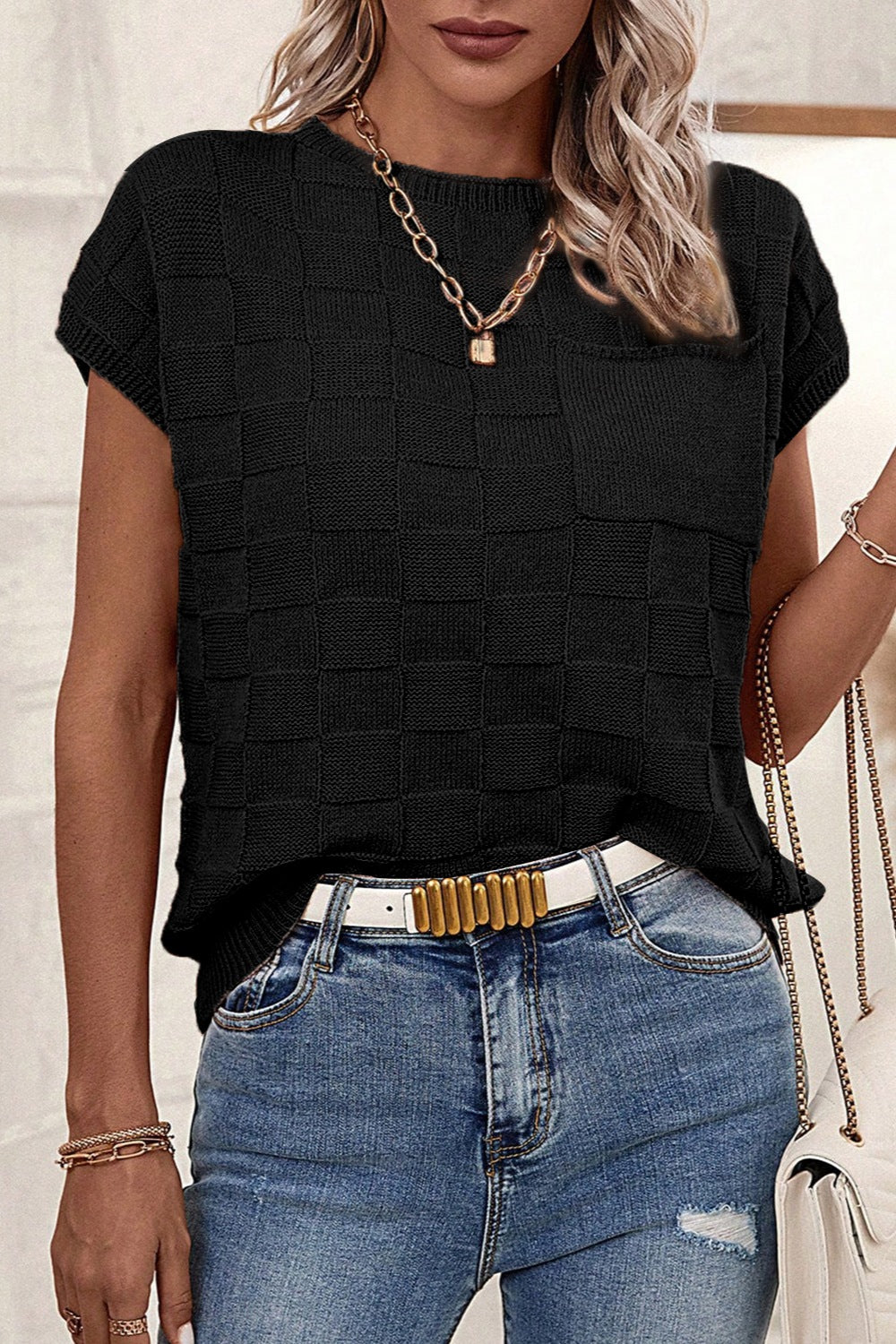 Pocketed Checkered Round Neck Knit Top - Fit & Fab Essentials