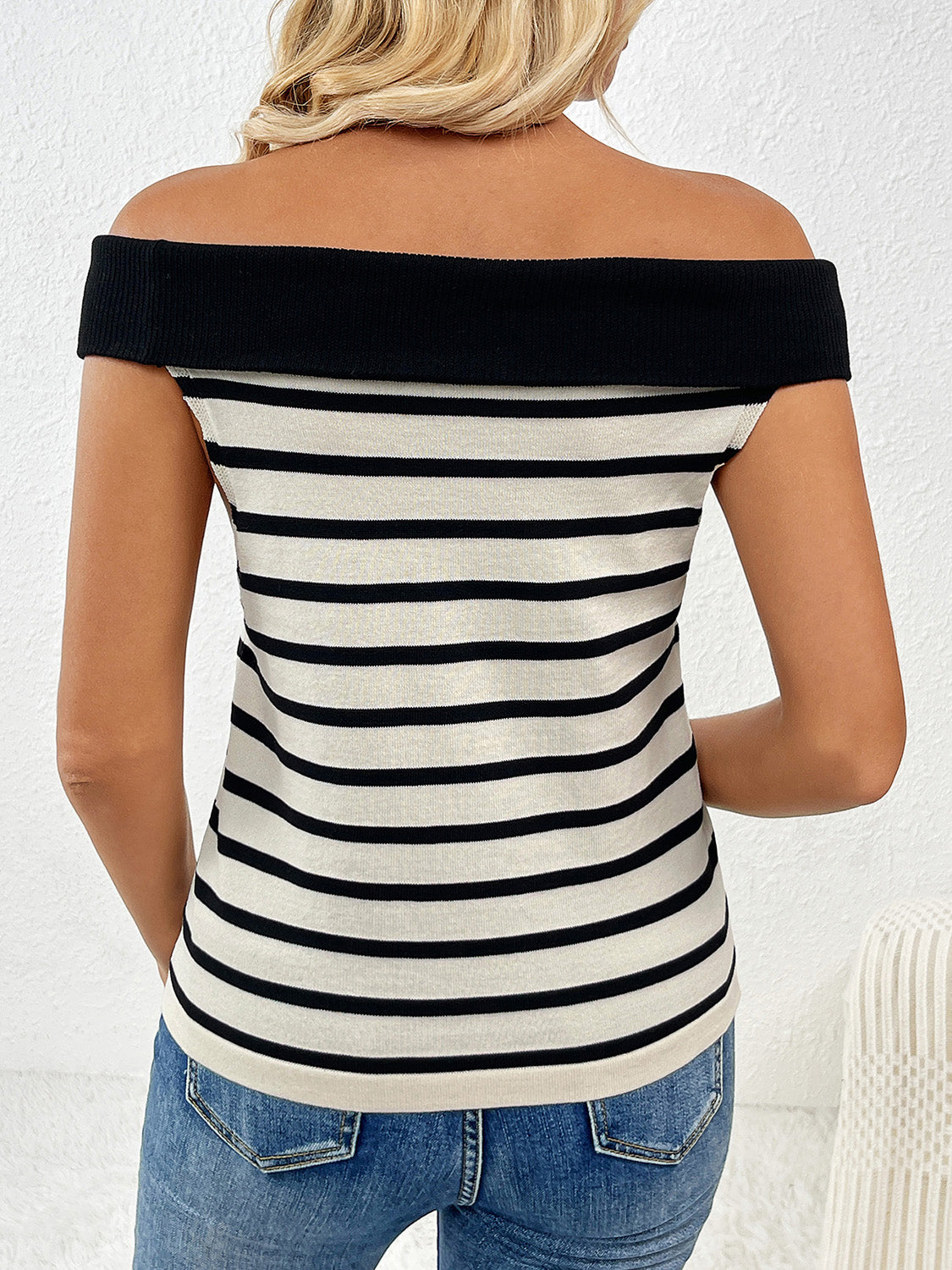 Decorative Button Striped Off-Shoulder Knit Top - Fit & Fab Essentials