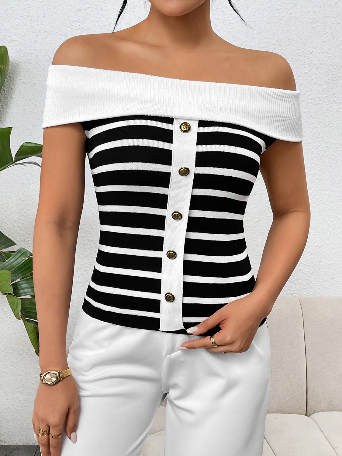 Decorative Button Striped Off-Shoulder Knit Top - Fit & Fab Essentials