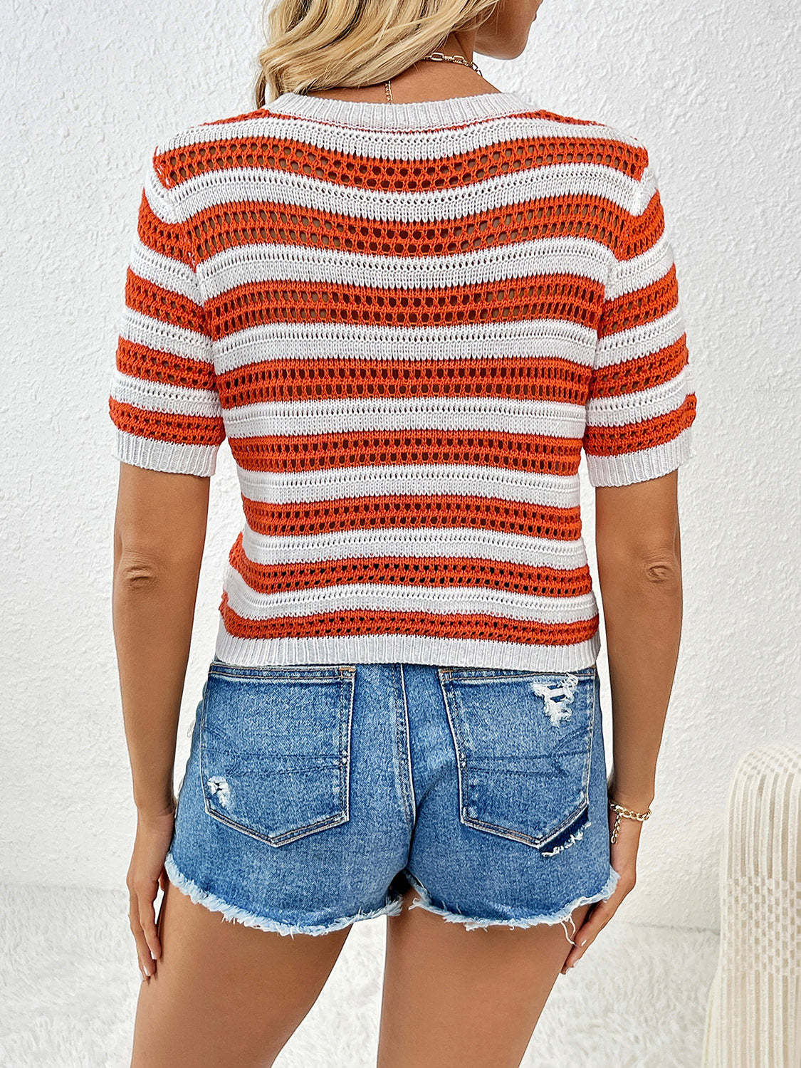 Openwork Striped Round Neck Short Sleeve Knit Top - Fit & Fab Essentials