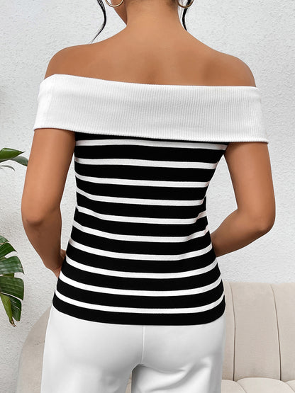 Decorative Button Striped Off-Shoulder Knit Top - Fit & Fab Essentials