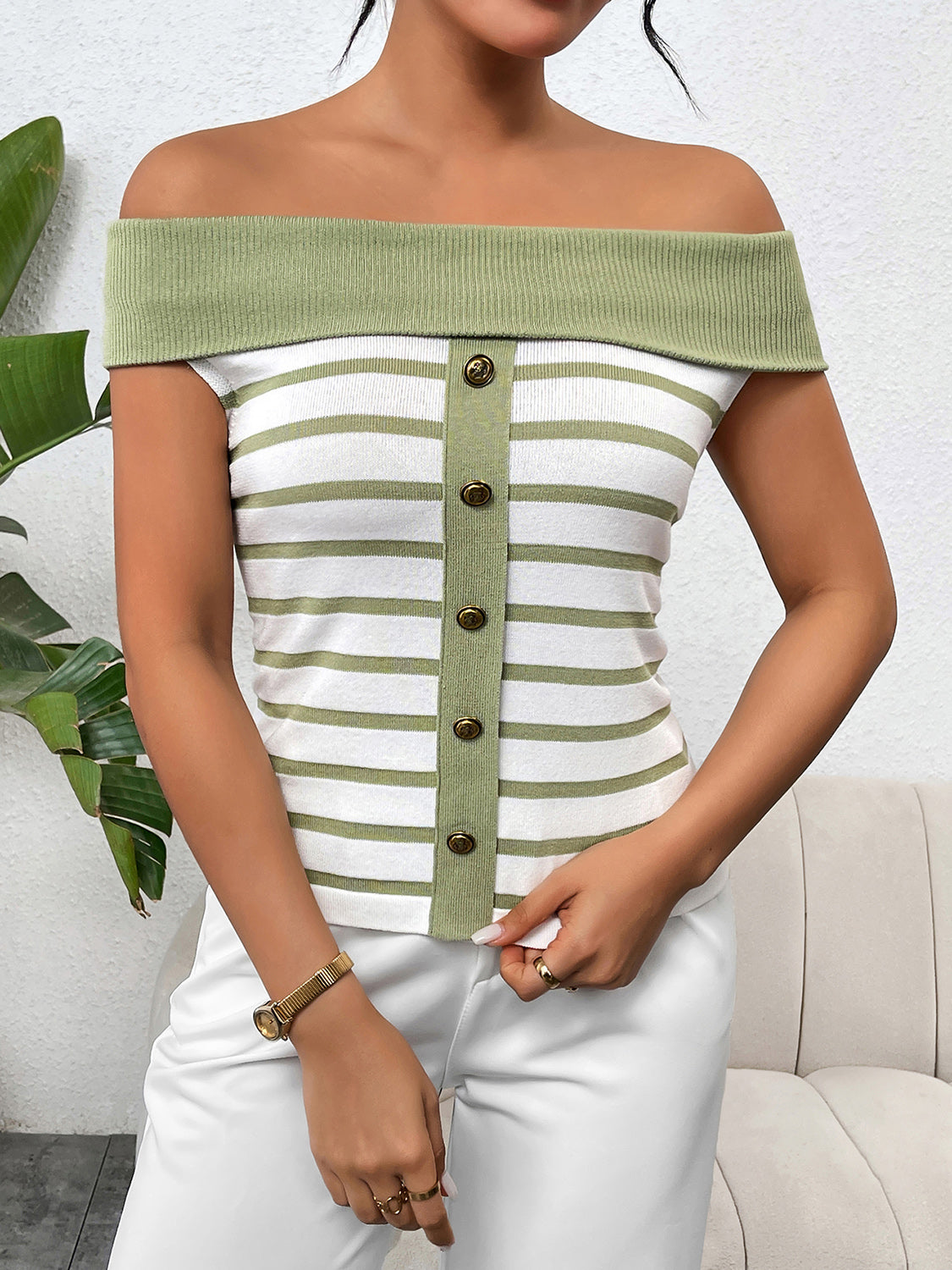 Decorative Button Striped Off-Shoulder Knit Top - Fit & Fab Essentials