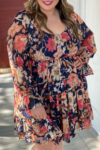 Plus Size Smocked Printed Long Sleeve Dress - Fit & Fab Essentials