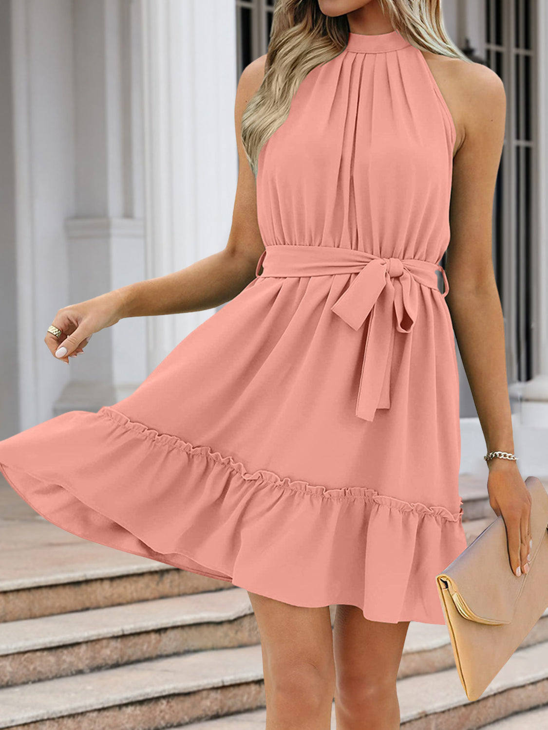 Ruched Grecian Neck Tie Waist Mini Dress - Fit & Fab Essentials