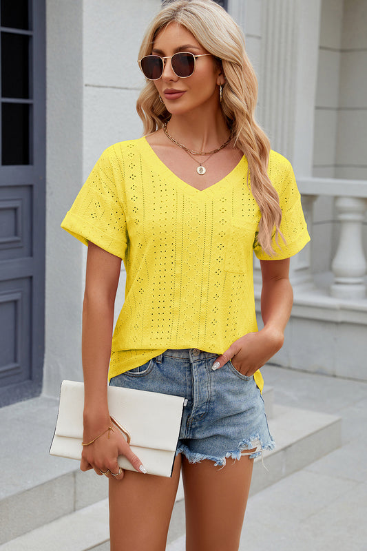 Eyelet V-Neck Short Sleeve T-Shirt - Fit & Fab Essentials