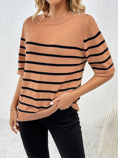 Striped Round Neck Half Sleeve Knit Top - Fit & Fab Essentials