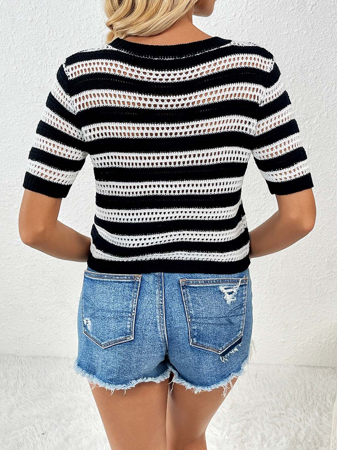 Openwork Striped Round Neck Short Sleeve Knit Top - Fit & Fab Essentials