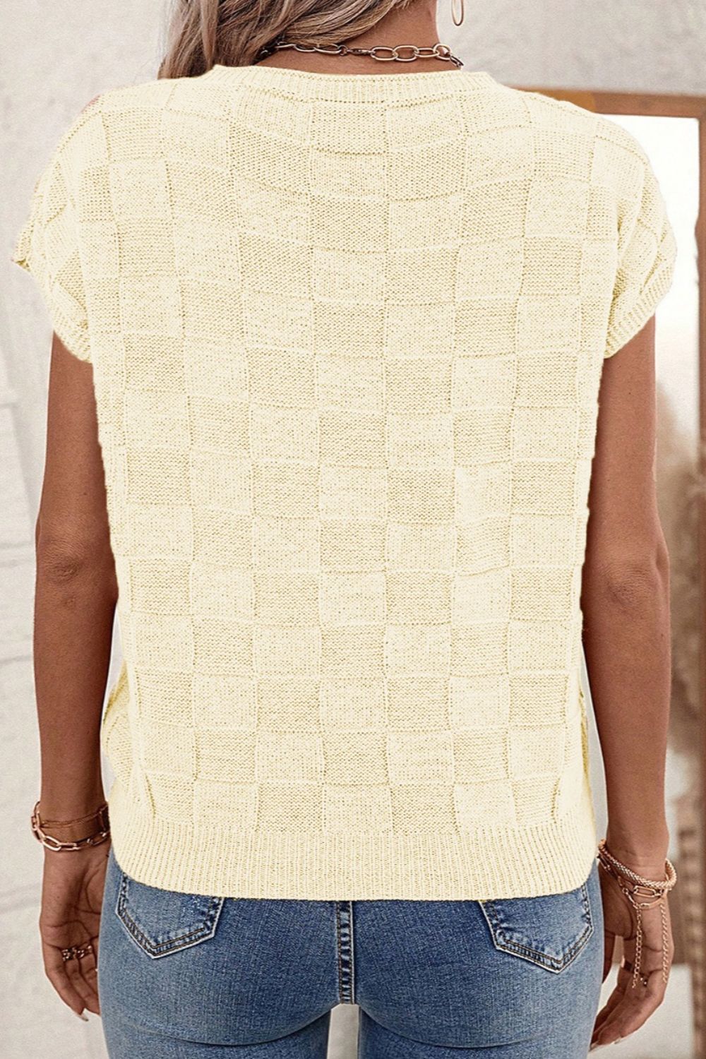 Pocketed Checkered Round Neck Knit Top - Fit & Fab Essentials