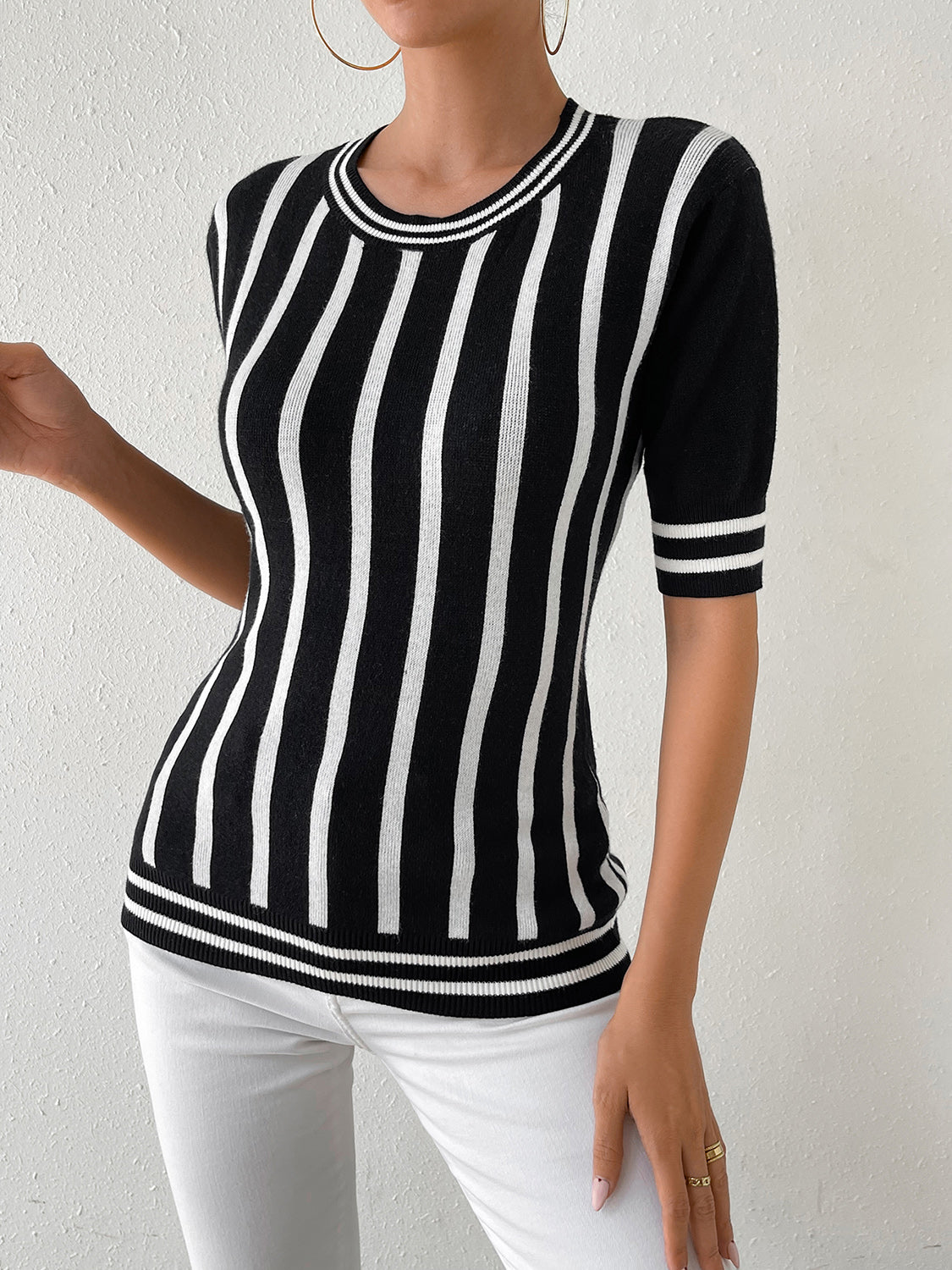 Striped Round Neck Half Sleeve Knit Top - Fit & Fab Essentials