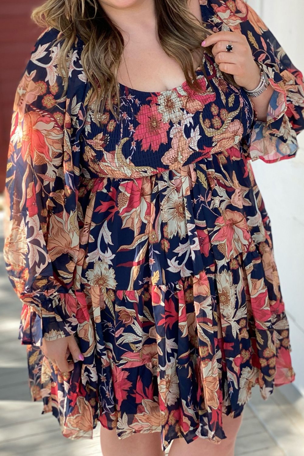 Plus Size Smocked Printed Long Sleeve Dress - Fit & Fab Essentials