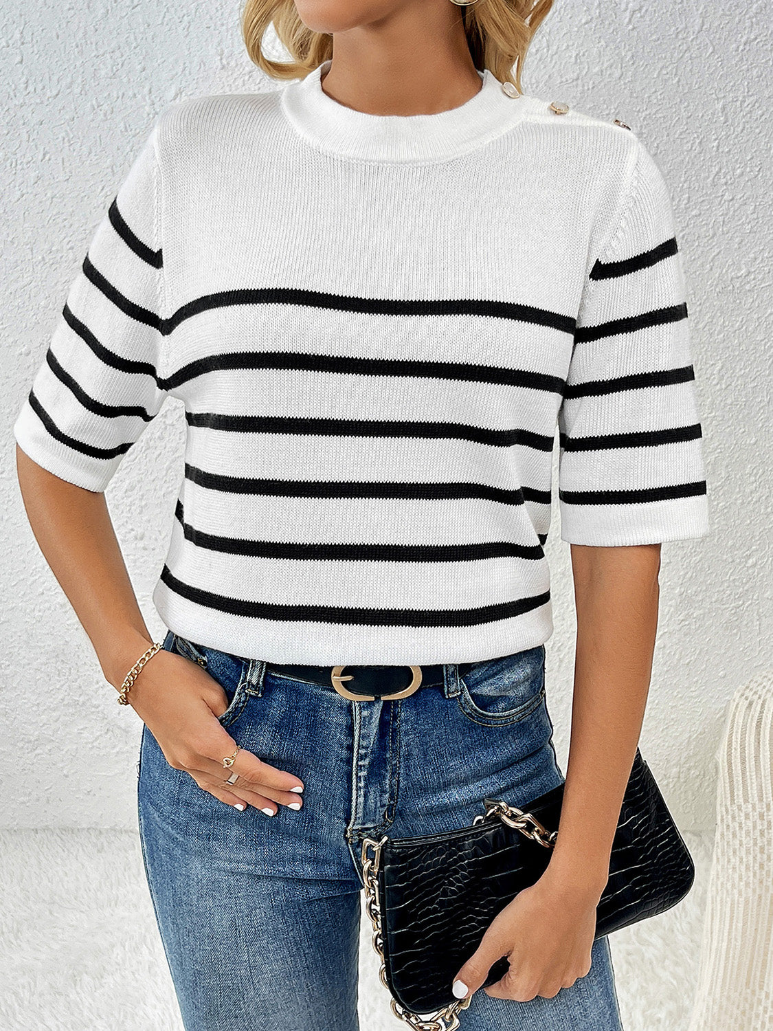 Striped Round Neck Half Sleeve Knit Top - Fit & Fab Essentials