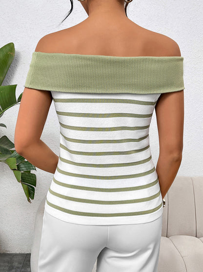 Decorative Button Striped Off-Shoulder Knit Top - Fit & Fab Essentials