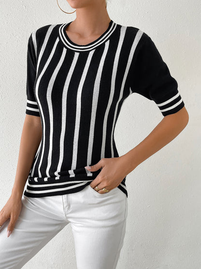 Striped Round Neck Half Sleeve Knit Top - Fit & Fab Essentials